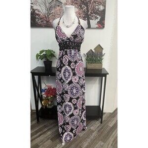 My Michelle Women’s Maxi Paisley Dress Size L Halter Neck V Neck  Pullover